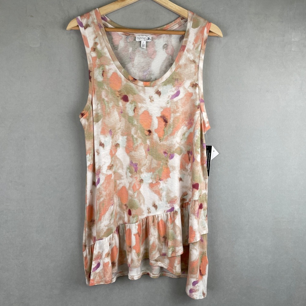 Olivia Sky Abstract Garden Ruffle Hem Tank Top Boho Chic Multicolor KM027 L NEW